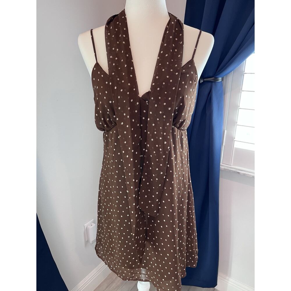 White Polka Dot (L) Brown Mini Dress-Babydoll Slip Dress-COQUETTE-Scarf-PLAYFUL - Picture 6 of 14